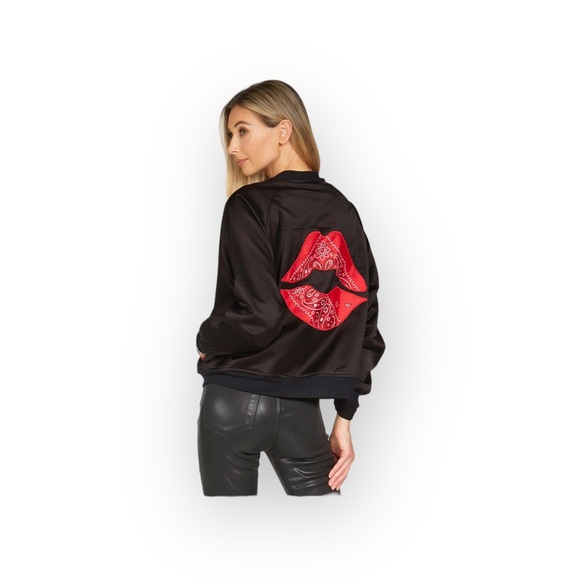 HTF: new Lauren Moshi ᨎ Trishelle Bandana Lip Satin Bomber Jacket ᨎ Black Large